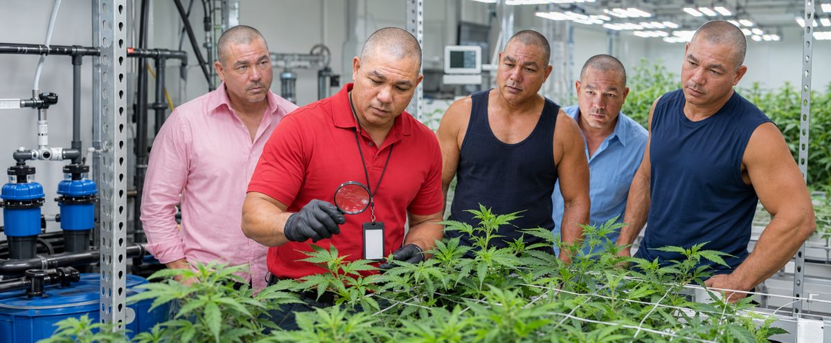 Devin Lockett with partners inspecting cannabis cultivation in the grow facility