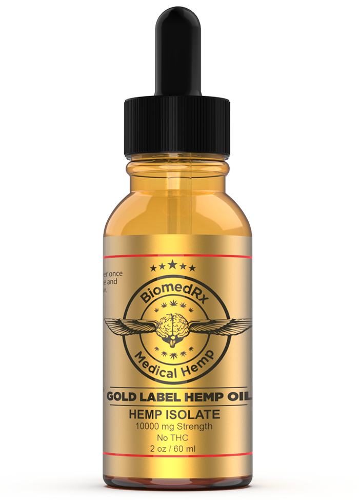 BiomedRx Gold Label Hemp Oil 10000mg maximum-strength tincture bottle