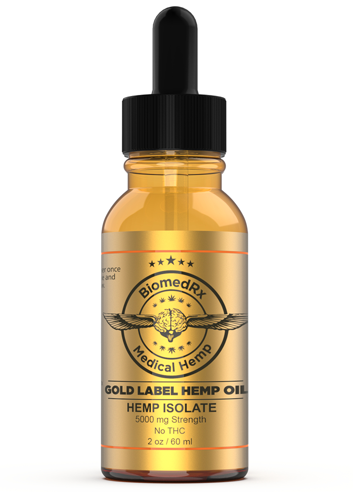 BiomedRx Gold Label Hemp Oil 5000mg high-strength tincture bottle