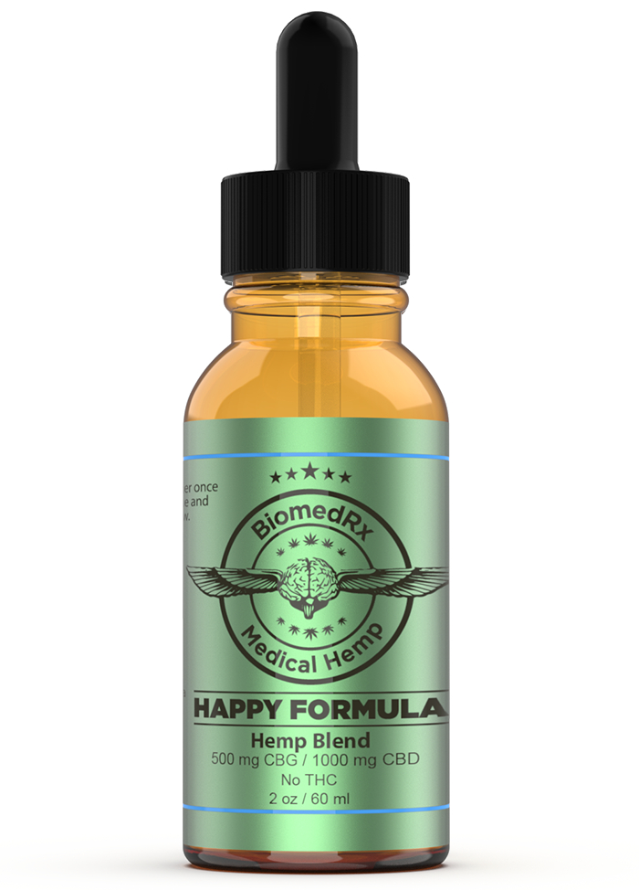 BiomedRx Happy Formula hemp blend 500mg CBG 1000mg CBD tincture bottle